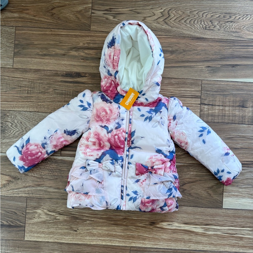Gymboree Floral Hooded Puffer Jacket - White, Pink & Blue